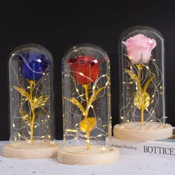 

2020 New Christmas Gift Red Shiny artificial flower Rose Beauty and the Beast In A Glass Dome String Light Valentine's Gift