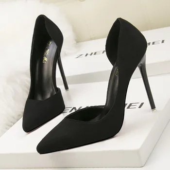 

11CM pumps Fashionable contracted fine tall with suede show thin shallow mouth pointed side sexy women's single shoes