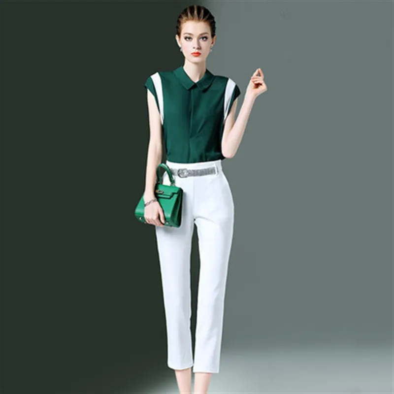 2019 Summer OL Pant Suit Women Cap Sleeve Shirt and Capri Pants Two Piece Set Office Lady Elegant Slim 2pcs Outfits Clothing Set
