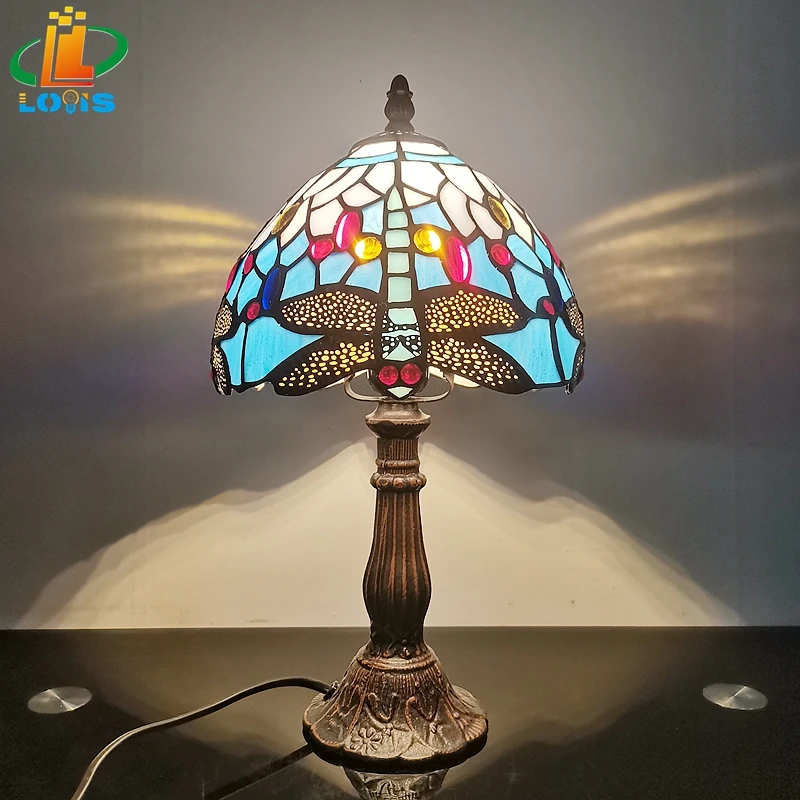 

European Style 8" Blue Dragonfly Small Table Lamp Bedside Study Glazed Antique E27 Alloy Lamp Holder Mediterranean Decorative