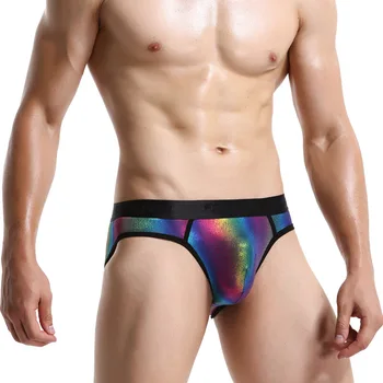 

Mens Rainbow Shiny Nylon U Convex Briefs Lingerie Underwear Sexy Male Gay Erotic Underpants Man Nightclub Performance Clothing