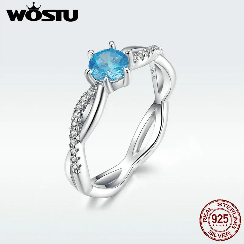 

WOSTU Hot Sale 925 Sterling Silver Intertwined Love Wedding Ring Blue Zircon Crystal Stackable Finger For Women Jewelry BKR547