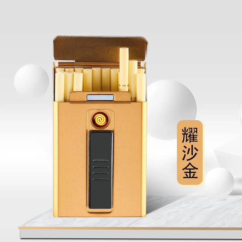 Новейший металлический ветрозащитный зарядное устройство с фонариком, электронный прикуриватель, зарядка, коробка для сигарет может держать 20 тонких сигарет - Цвет: Yaoshajin