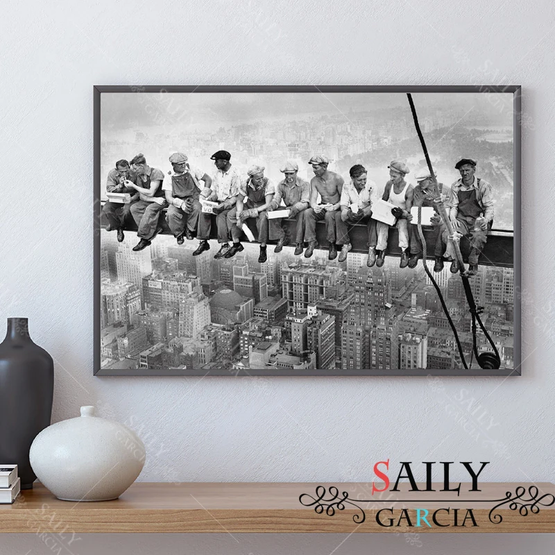 

Vintage Canvas Painting Modern Home Decoration New York City View Lunch On a Skyscraper Wall Art Picture Black and White Poster