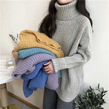 

Hzirip Fashion Autumn 2019 Chic Sweet Brief Women Turtleneck Pullovers Fresh Soft Warm Loose Solid All-Match Knitted Sweaters