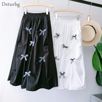 

Women's Sweet Pleated Midi Skirt with Bow Decoration Korean Female High Waist Black White Cotton Tutu Skirts 2020 Summer SK547