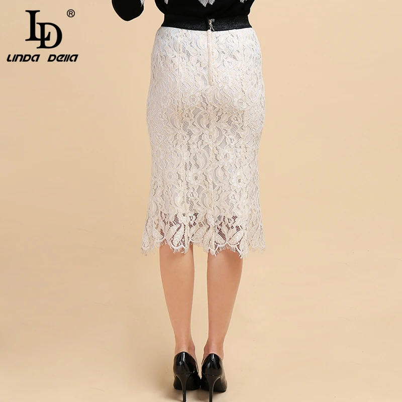 LD LINDA DELLA Fashion Runway Summer Autumn White Skirt Women's Lace Tassel High Waist Sexy Elegant Casual Midi Skirt