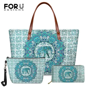 

FORUDESIGNS Large Blue Hippie Bohemian Elephant Mandala Pattern Handbags Women 3pcs Large Totes Shoulder Bags Casual Long Wallet