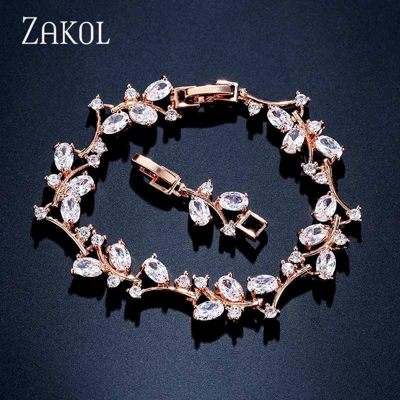 Модные браслеты ZAKOL из Кубического циркония в виде листа, браслеты с цепочкой, с белым золотом, для женщин, свадебные ювелирные изделия FSBP173
