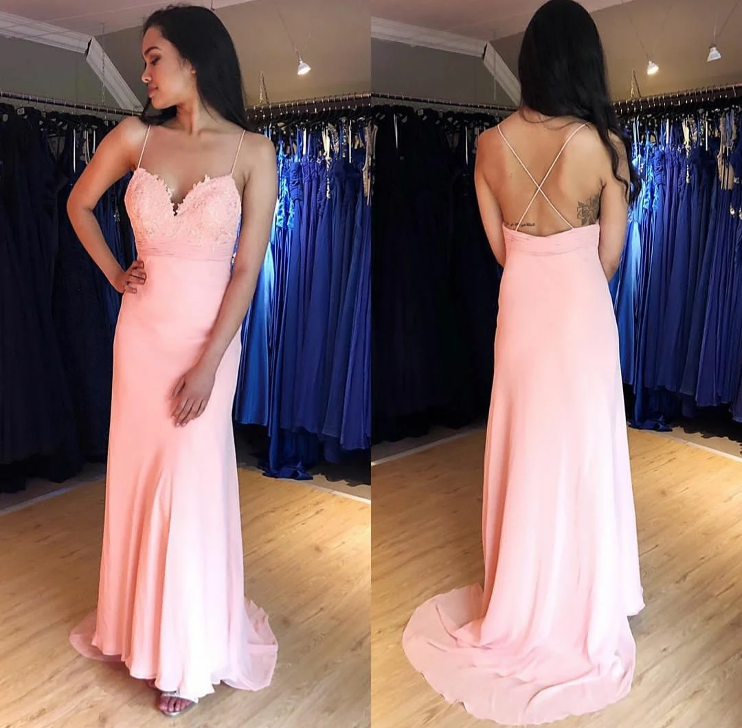

Elegant Long Pink Chiffon Prom Dresses with Pockets A-Line Criss Cross Back Abendkleider Robes de Soirée for Women