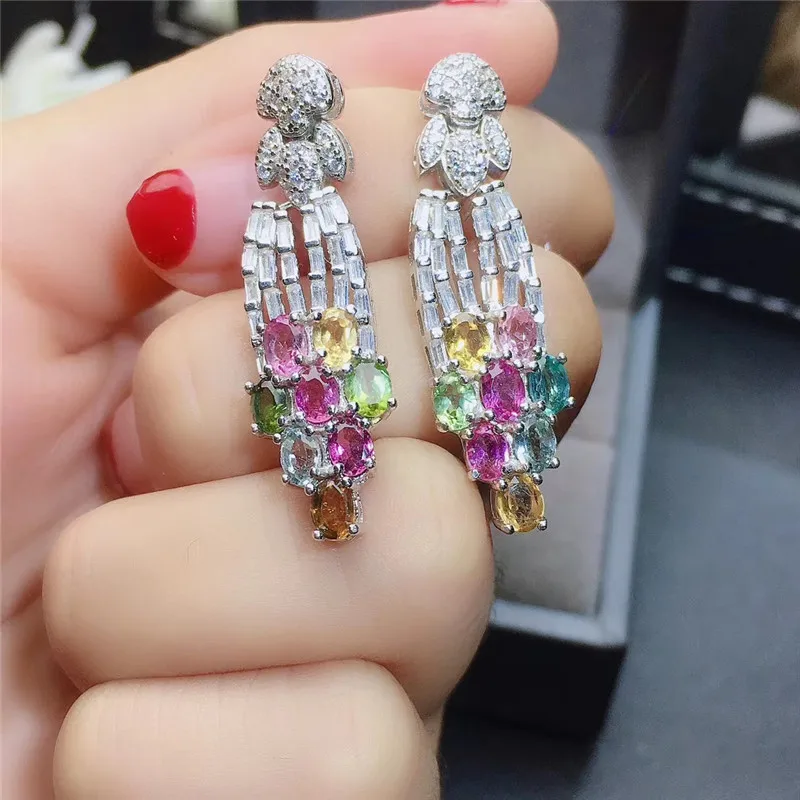 

Natural Brazil tourmaline clasp earring 925 sterling silver fine jewelry multi-color gemstone flower design luxury Wedding gift