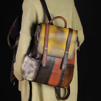 

Literature Model Head Layer Cowhide Woman Package Both Shoulders Package Genuine Leather Backpack Manual Wipe Color Soft Leather
