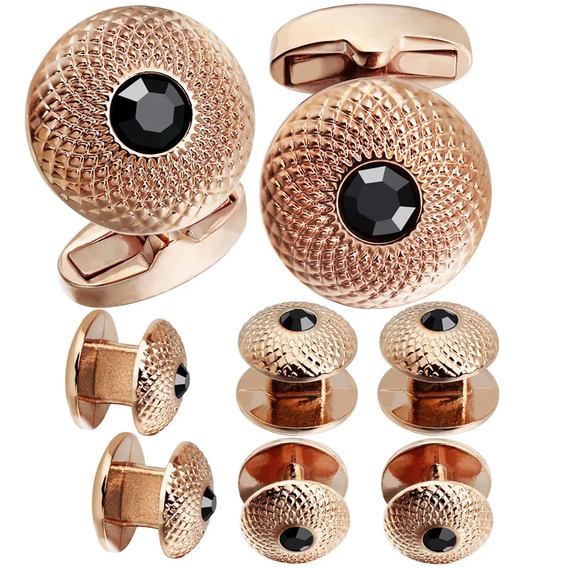 HAWSON kristal kol düğmeleri erkekler için Set moda 8 adet yuvarlak oyuk kol düğmeleri ve smokin çiviler moda takı iş düğün hediyesi