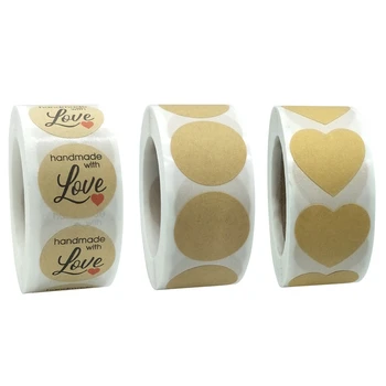 

1500Pcs/Roll Thank You and Gold Love Heart Kraft Stickers with Round Stickers for Scrapbooking Gift Packaging (3 Roll)
