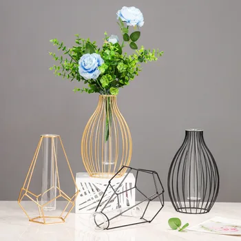 

Simple Iron Geometric Hollow Transparent Glass Test Tube Hydroponic Vase Home Desktop Decoration Plants Flower Vase Ornaments