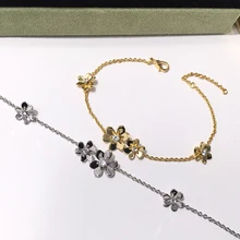 Брендовые ювелирные изделия из чистого 925 пробы серебра для женщин, серебряная цепочка, браслет с клевером, свадебные украшения, золотой цвет, Цветочный браслет