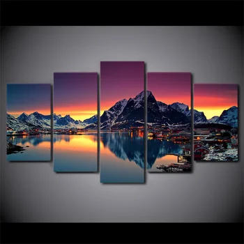 

5 Panel Canvas Art Sunset Lake Mountain Scenery Painting Wall Pictures For Living Room Modern Canvas Painting