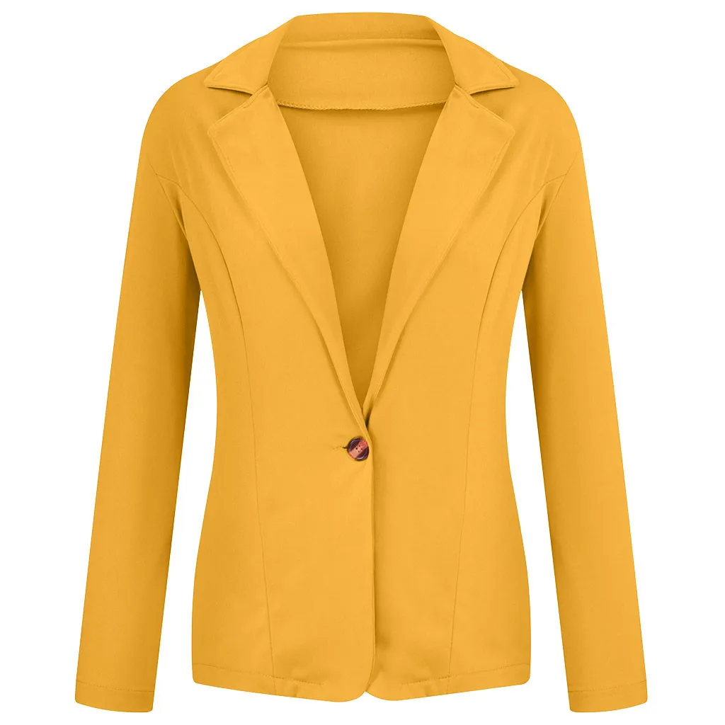 Офисная работа, открытая передняя зубчатая Женская Блейзер с длинными рукавами, приталенный женский деловой пиджак, костюм, тонкий кардиган, одноцветные Топы - Цвет: Цвет: желтый