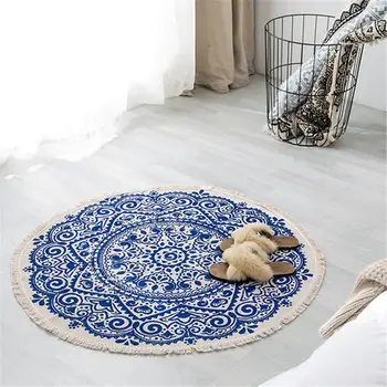 

Round Carpets Rugs Bohemian Style Cotton Carpet Bedroom Living Room Floral Printed Sofa Chair Decor Mat Anti-Slip Floor Mats