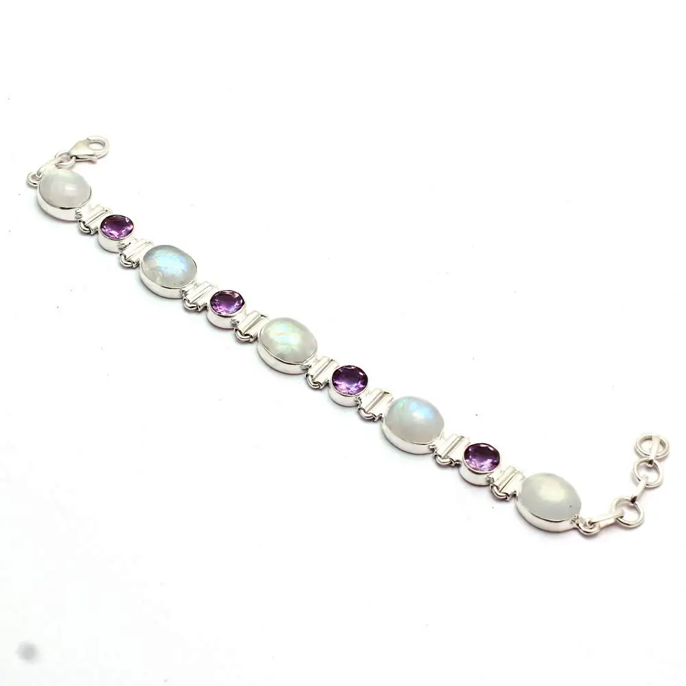 

Genuine Blue Fire Moonstone + Amethyst Bracelet 925 Sterling Silver, 19.5 cm, 2SBR0085