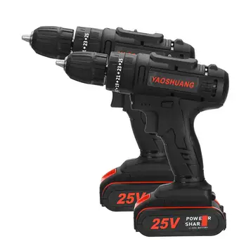 

YAOSHUANG 25V 3/8 Cordless Rechargeable Electric Drill Impact Hammer Screwdriver Power Battery Drill with Drill Bit 2 Battery