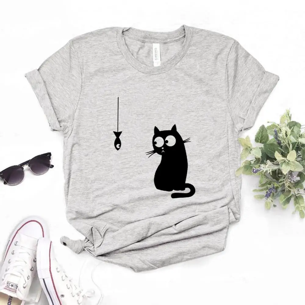 Женские футболки с принтом кошки и рыбы, хлопковая Повседневная забавная футболка для леди, Йонг, топ, футболка, 6 цветов, Прямая поставка, NA-951