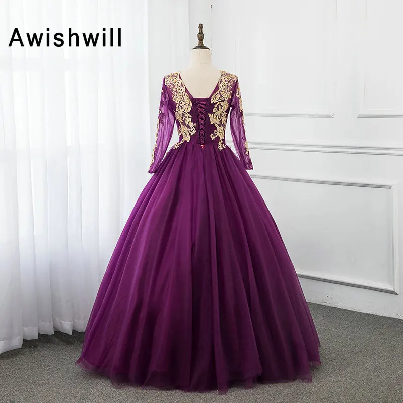 Фиолетовое бальное платье для выпускного вечера Золотое кружевное Тюлевое платье длиной до пола элегантное вечернее платье с длинным рукавом размера плюс вечерние платья