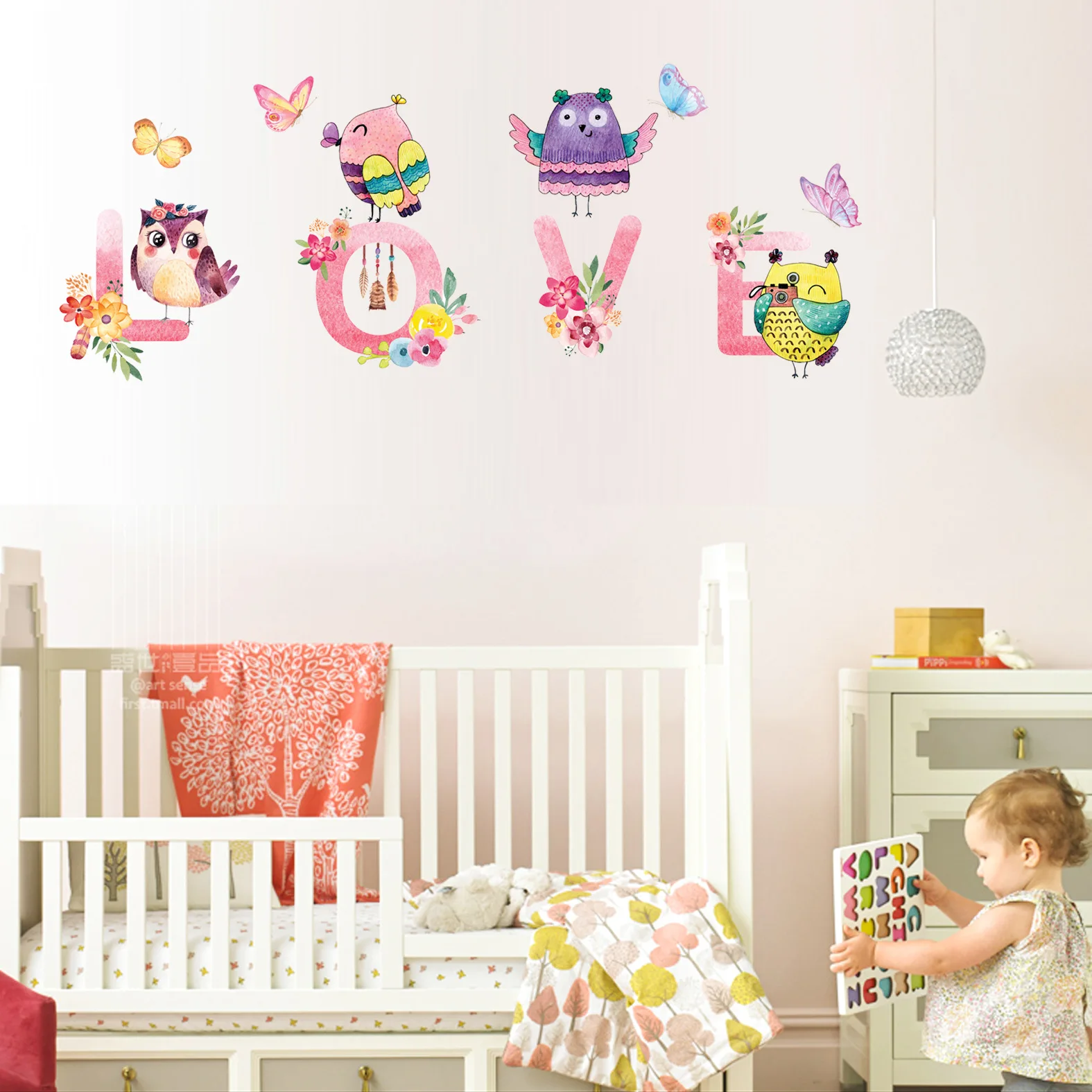 Наклейки на стену с совами цветными бабочками цветами домашнее украшение для