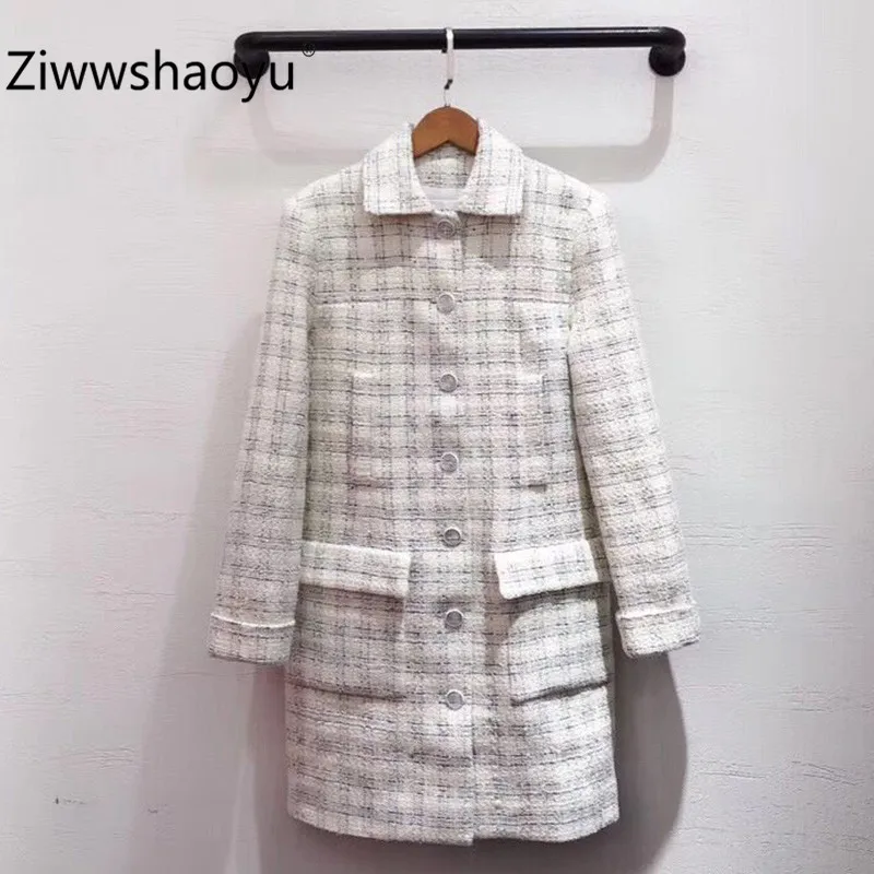 

Ziwwshaoyu Women's Autumn Winter Medium Long Section Coat Fashion Twill Tweed Female Elegant Single-Breasted Wool Silk Lining