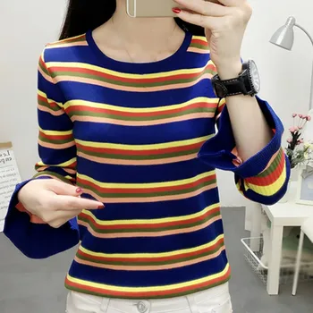 

Autumn Casual Striped Pullover Sweater Knitted O Neck Long sleeve Bottoming Slim Flare Sleeve Women Sweater
