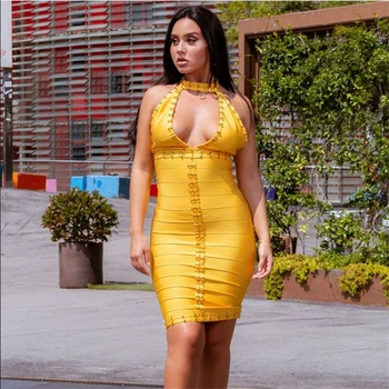 

New Arrivals Halter Bandage Dress Women Bodycon Sexy Party Beading Sleeveless Knee Length Vestidos Club Ladies Dresses Yellow