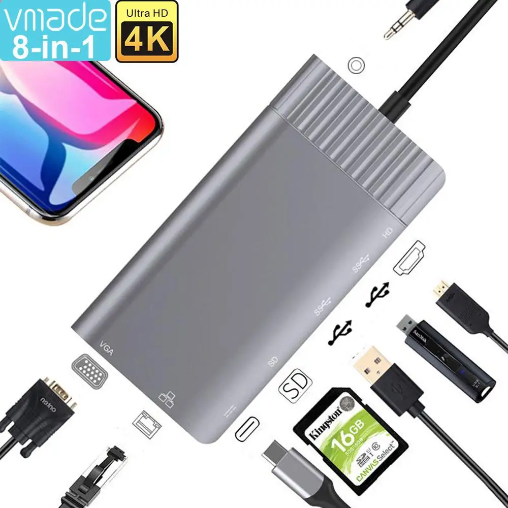 

USB HUB C HUB Support 4K Ultra HD Adapter 8 Port Type-C Dock for MacBook Pro Huawei Mate 30 USB-C 3.1 Splitter Port Type C HUB