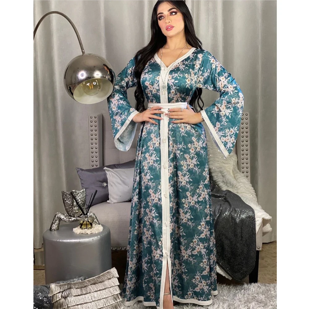 

Floral Print Abaya Women Muslim Long Maxi Dress Turkey Arabic Kaftan Islam Eid Mubarak Party Gown Evening Ramadan Gulf Jalabiya