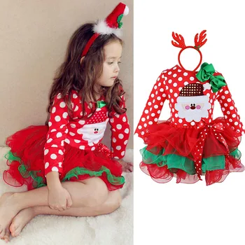 

Polka-Dot Long Sleeve Christmas Dress Baby Girl Clothes Cartoon Snowman New Year Party Princess Vestido Red Green tutu Ball Gown