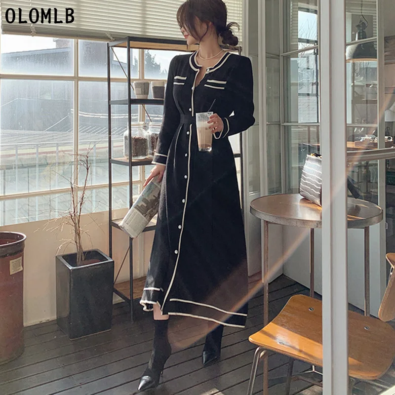 

One-Piece Knitted Dress Women 2020 Autumn Winter Elegant Waist Sweater Dresses Woman Korean Knit Dress Midi Dress Female Dresses