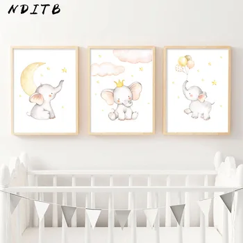 

Elephant Moon Child Poster Baby Wall Art Canvas Nursery Print Watercolor Animal Painting Nordic Kids Bedroom Decoration Picture