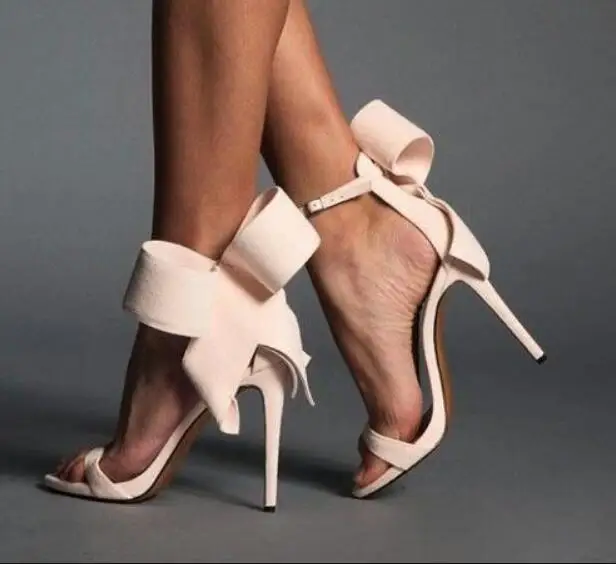 

Sexy Pink Bowtie High Heel Sandals Ankle Strap Knot Gladiator Sandals Shoes Women Dress Shoes Cut-out Wedding Shoes Bride