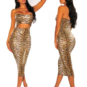 

Women's Bandage Bodycon Sleeveless Dresses Female Evening Party Tiger Print Long Dress Ladies Sexy Strapless Clothing