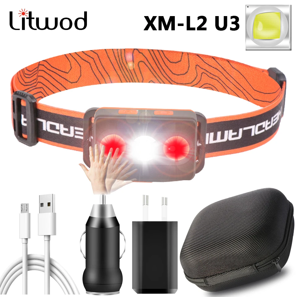 

XM-L2 U3 Sensor Led Headlamp Build-in Battery Usb Rechargeable Head Flashlight Headlight 10W Torch COB Bulbs for Camping