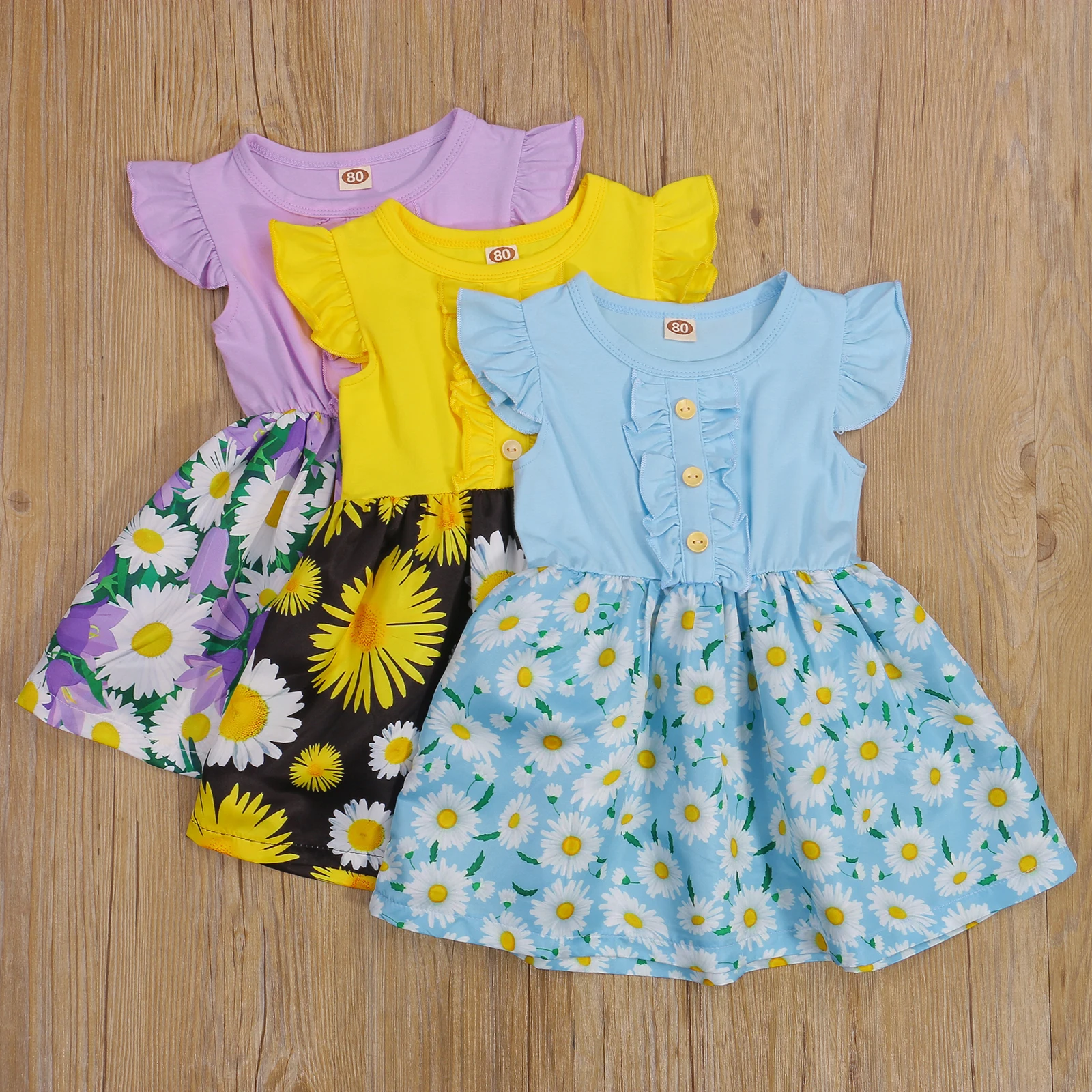 Baby Girl Dress Daisy Printed Ruffle Short Sleeve Round Collar High
