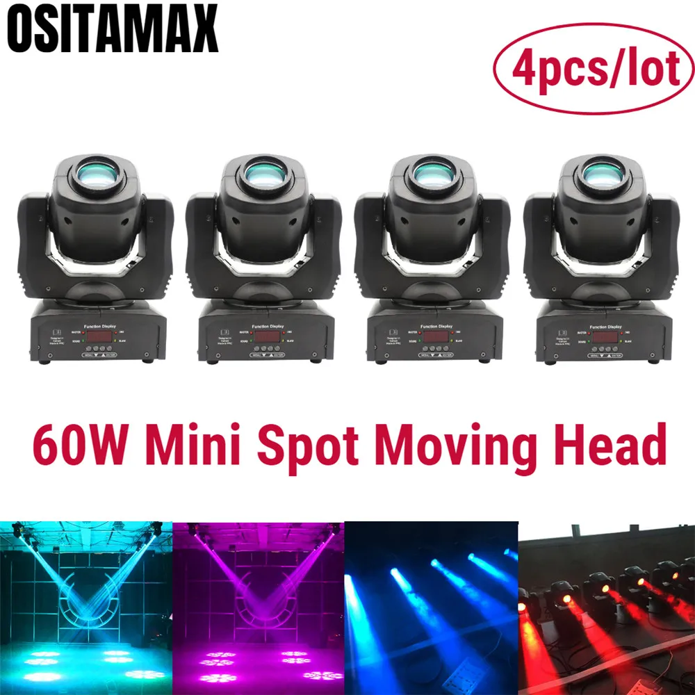 

4PCS Mini 60w LED DJ Lighting Moving Head Spot Light Stage Projector Gobo DMX512 Disco Wedding Party Lights Lumiere