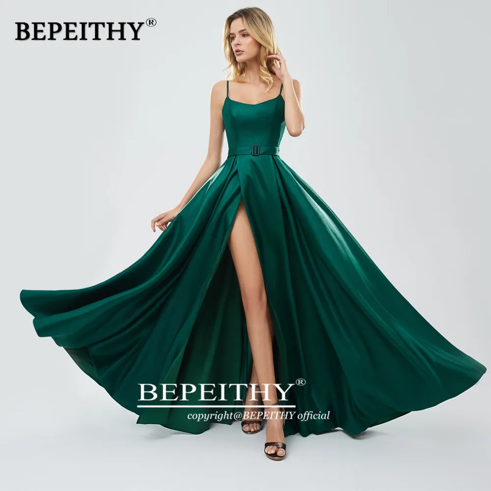 BEPEITHY vestido de festa красные длинные платья для выпускного вечера сексуальное зеленое вечернее платье с разрезом ТРАПЕЦИЕВИДНОЕ платье - Цвет: Зеленый