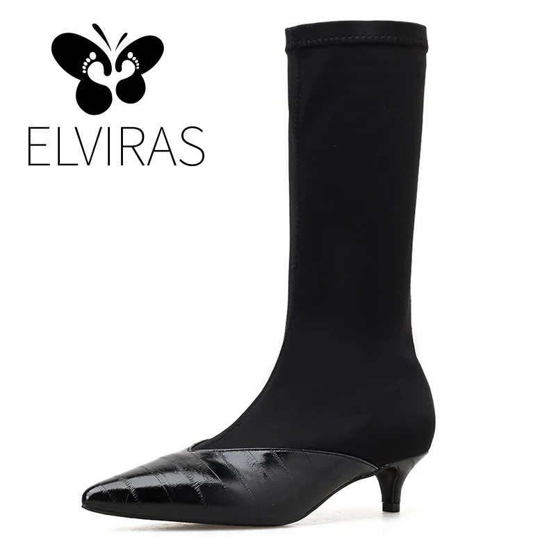 

ELVIRAS 2019 new winter stretch cloth ladies boots Chelsea and calf boots pointed low heel high heel non-slip socks boots
