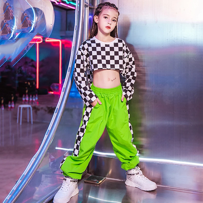 

Girls Hip Hop Costumes Plaid Shirt Fluorescent Green Pants Street Dance Clothes Children Jazz Stage Performance Wear DNV12462