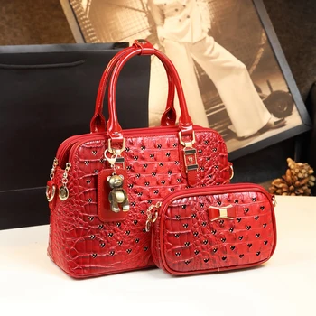 

Cowhide Leather Women Handbag Two-piece Picture-mother Bag Fashion Diamond Female Tote Shell Bag Ladies Shoulder Messenger Bags