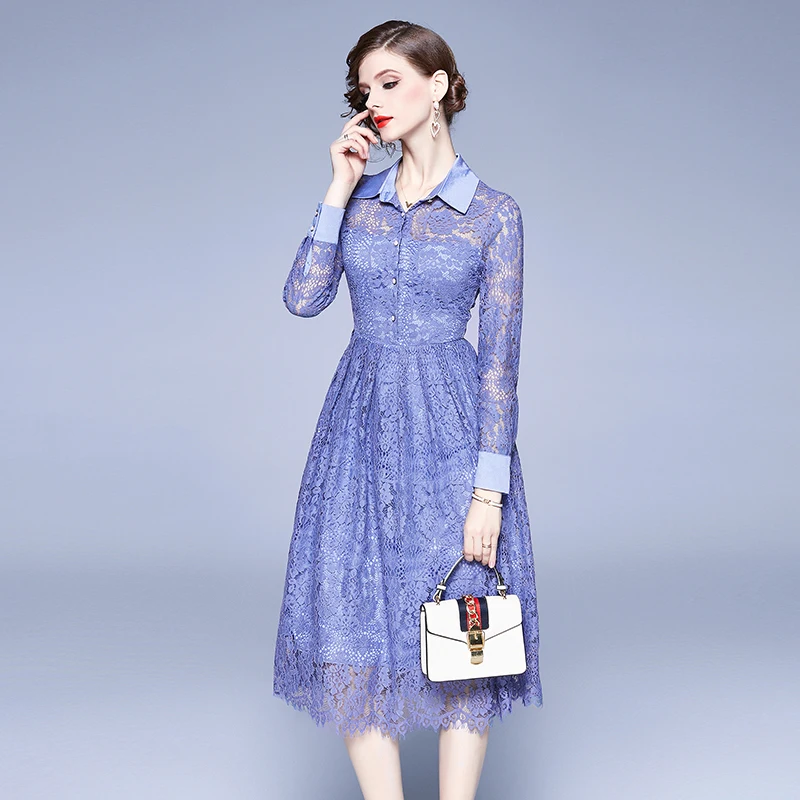 TAOYIZHUAI Office lady style elegant lace dress turn-down collar blue button knee length OL dress fashion slim A-line vestidos