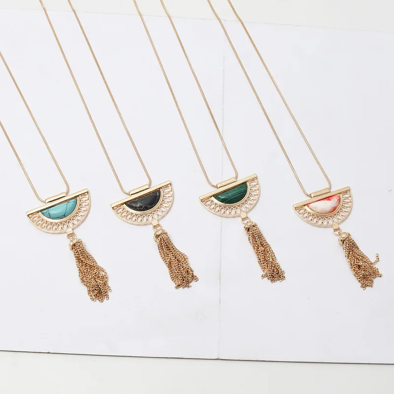 Black Pink Semicircle Stone Kallaite Malachite Metal Tassels Long Snake Chain Sweater Necklace Geometric Jewelry | Украшения и