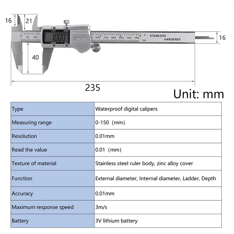 US $25.89 Electronic LCD Digital Display Vernier Calipers 0150mm Stainless Steel IP54 Waterproof High Precision Calipers Measuring Tools