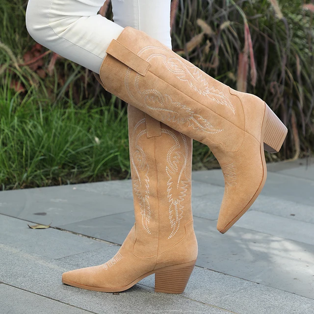 Perixir Women Embroidered High Boots Suede Leather Cowboy Boots
