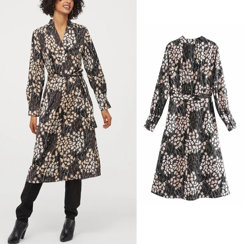 

Women Dress floral print mid calf 2019 Za party dress V neck long sleeve sashes vintage A-line Autumn Vestidos